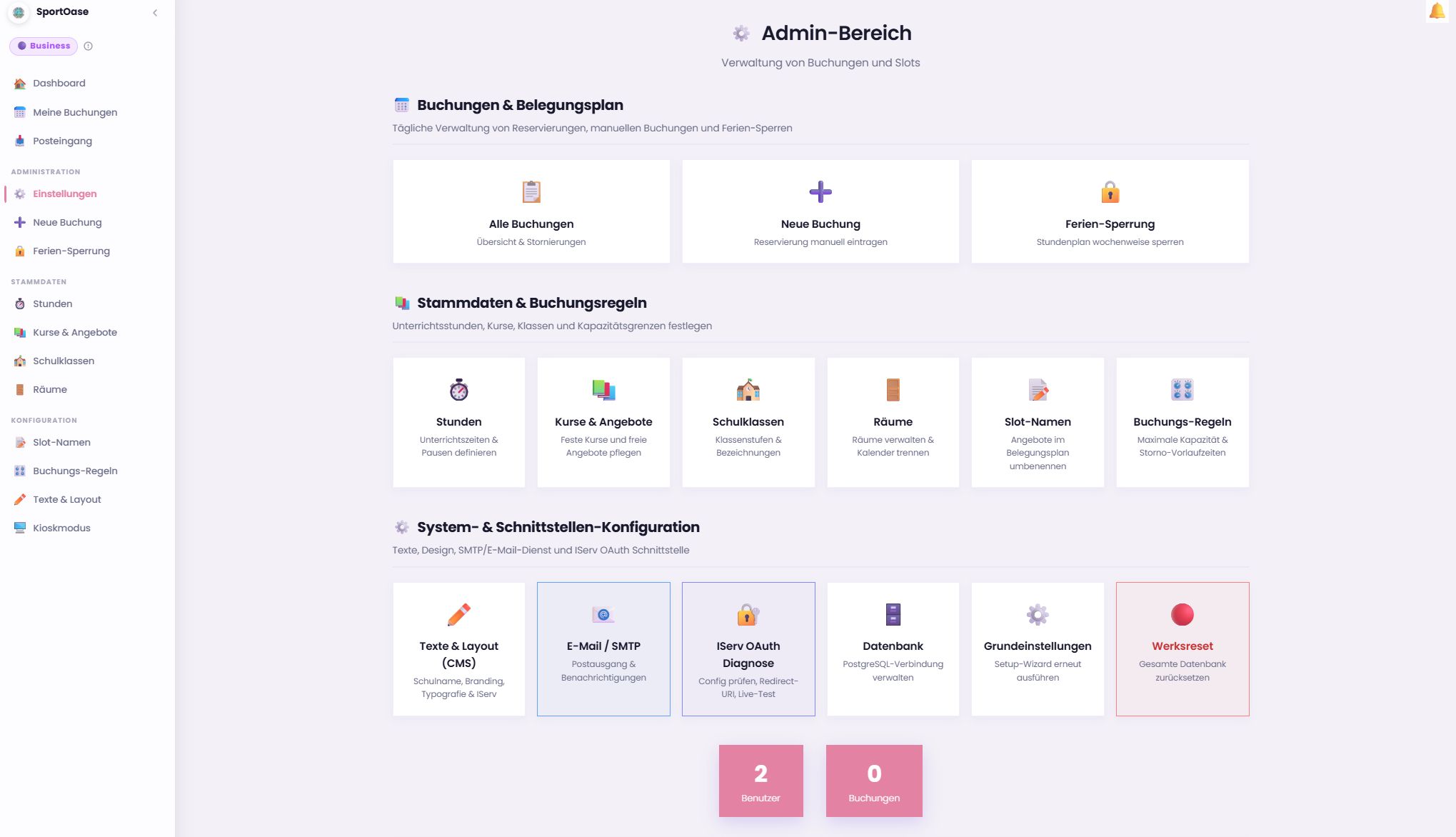 Der Admin-Bereich von EduSlot zur zentralen Konfiguration