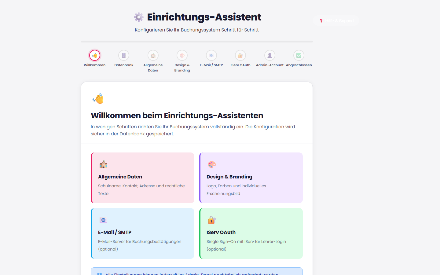 LearnGrid Einrichtungs-Assistent mit geführten Schritten zur Konfiguration